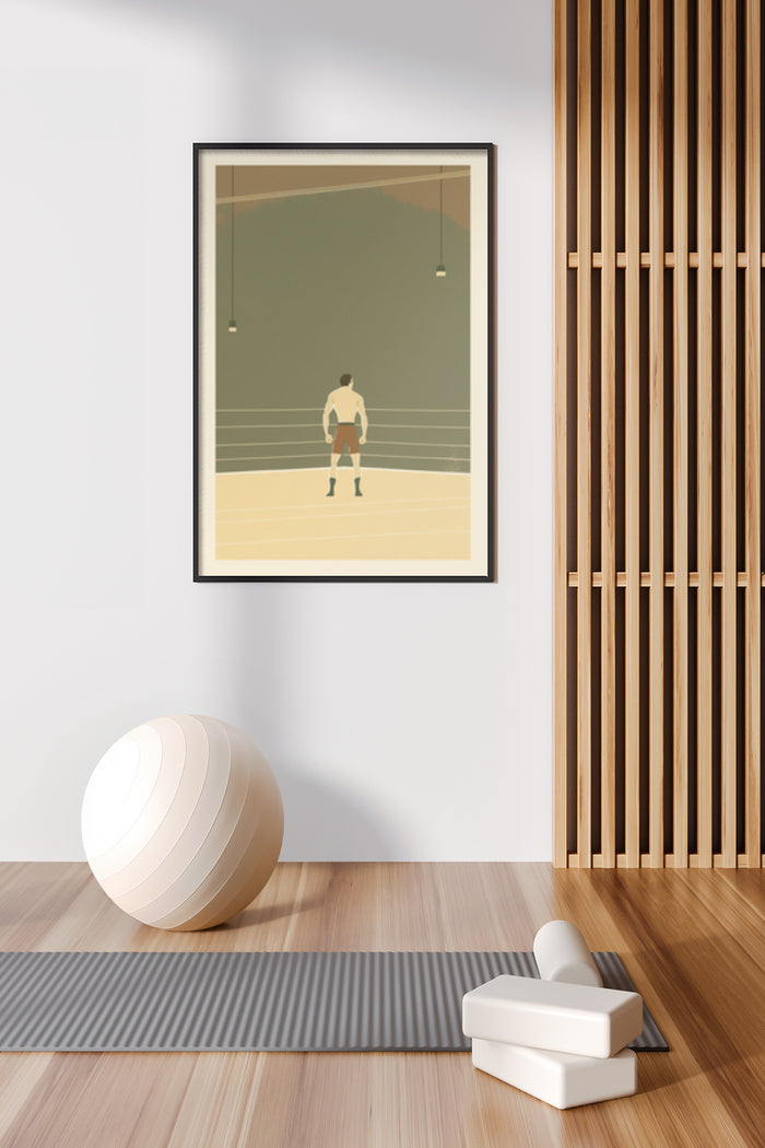 Vintage style poster of a boxing match hung on a wall in a contemporary room with decorative items