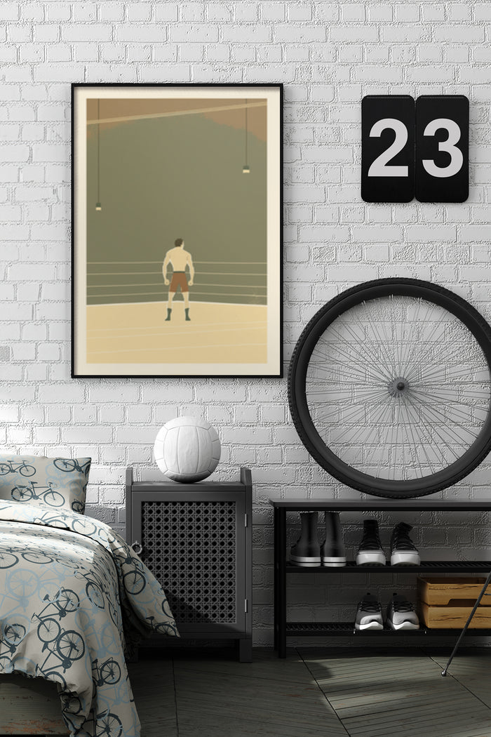 Vintage inspired boxing match poster hanging in a modern bedroom interior