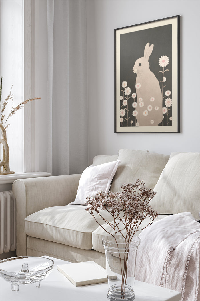 Vintage style rabbit and daisies poster on wall in chic living room