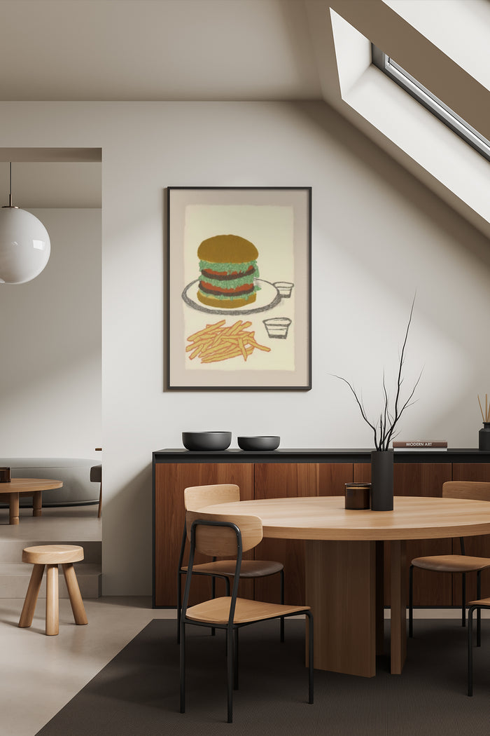 Vintage style poster of a burger, fries, and drink in a chic contemporary dining room setting