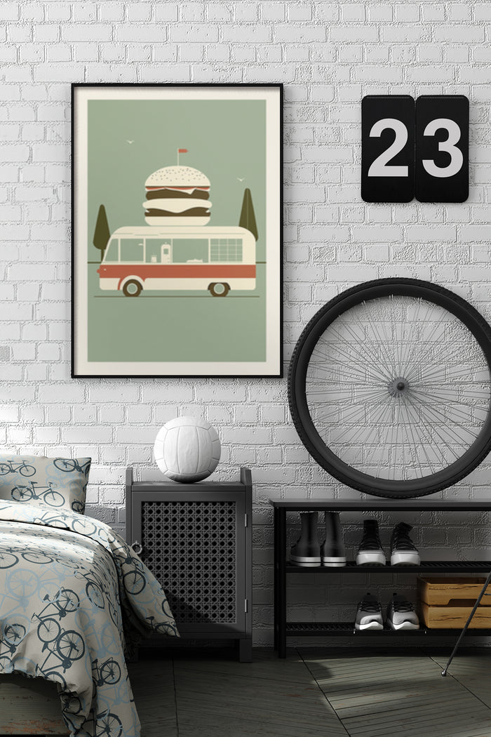 Vintage style poster of a bus with a burger on top hanging on a bedroom wall