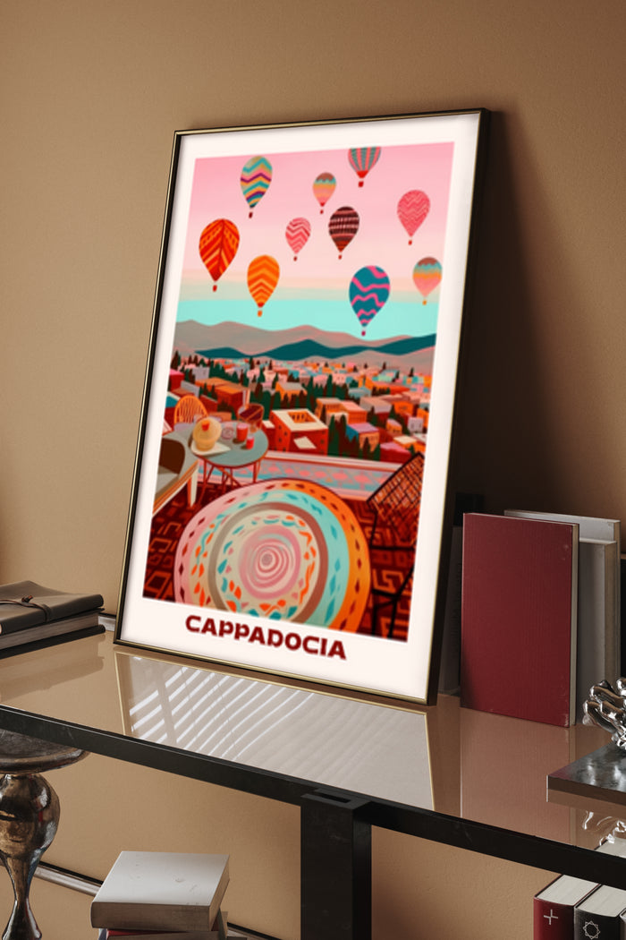 Vintage style travel poster of Cappadocia with colorful hot air balloons over landscape
