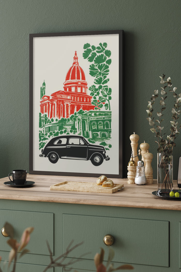 Stylized poster with a vintage car and a classic dome building surrounded by green foliage in a modern interior setting