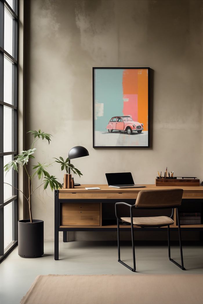 Modern office interior with a framed poster of a vintage car and vibrant abstract background on the wall