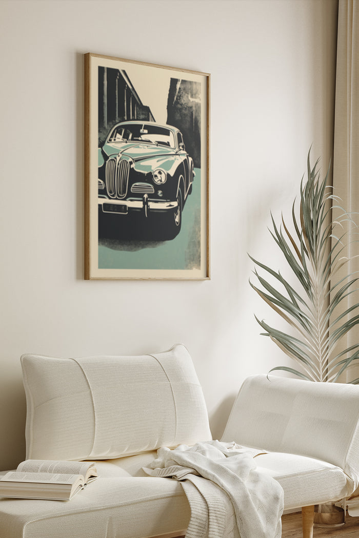Vintage green car artwork poster framed on a wall above a stylish white sofa with decorative plant in modern living room interior