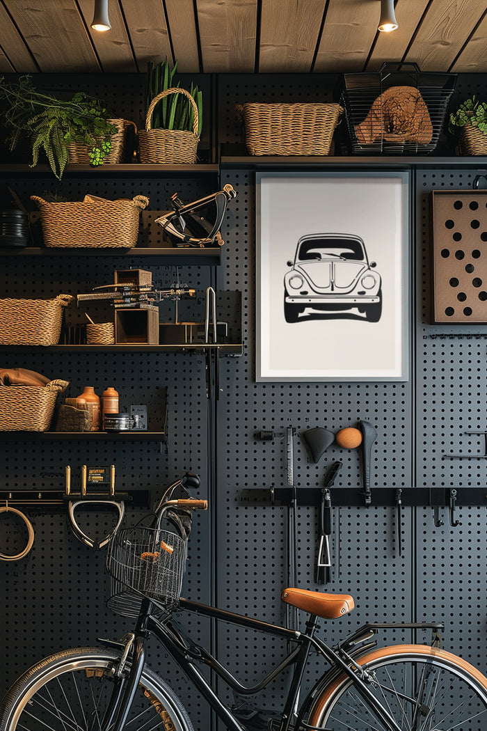 Stylish interior with vintage car poster, wicker baskets, and black bicycle