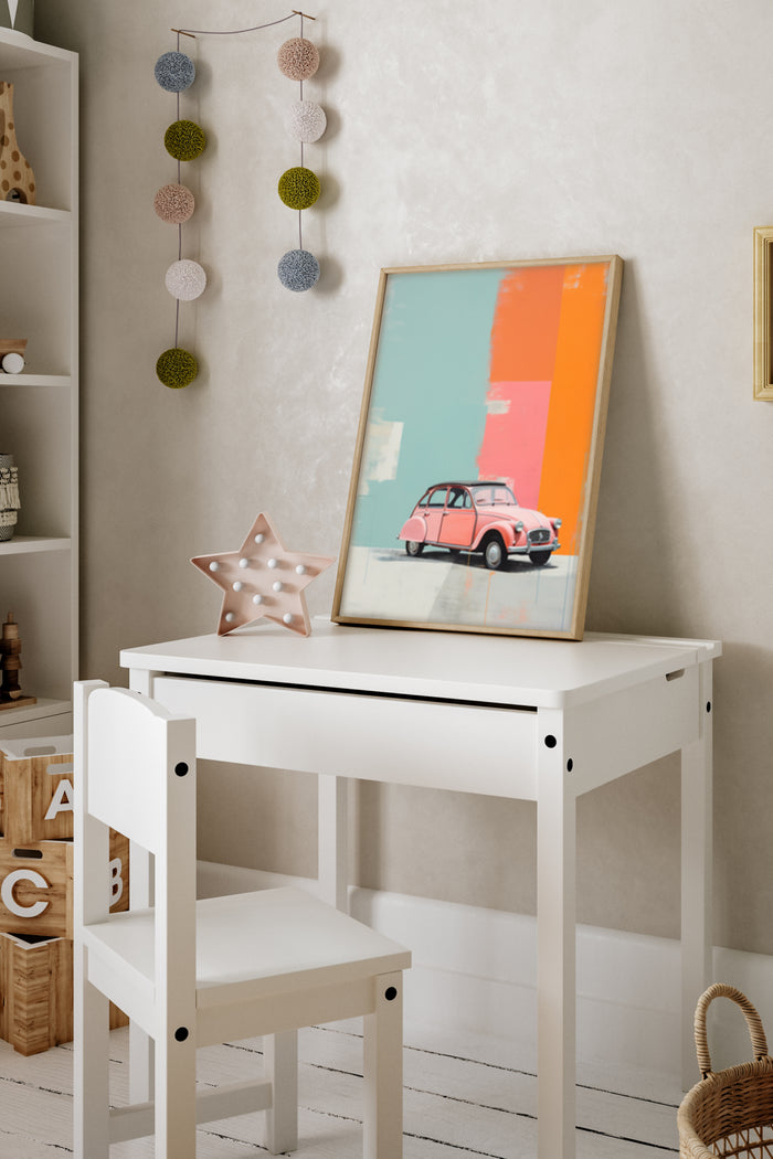 Vintage Pink Car with Colorful Abstract Background Poster in Stylish Room Decor