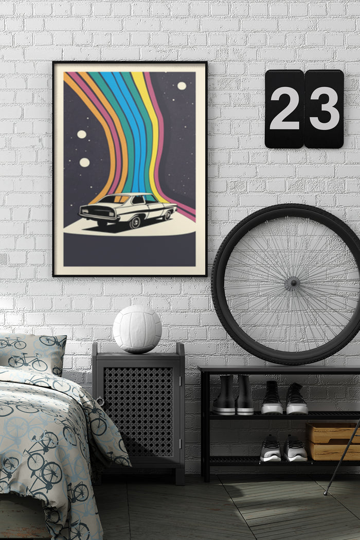Vintage white car with colorful abstract rainbow streams wall poster in a modern bedroom décor setting