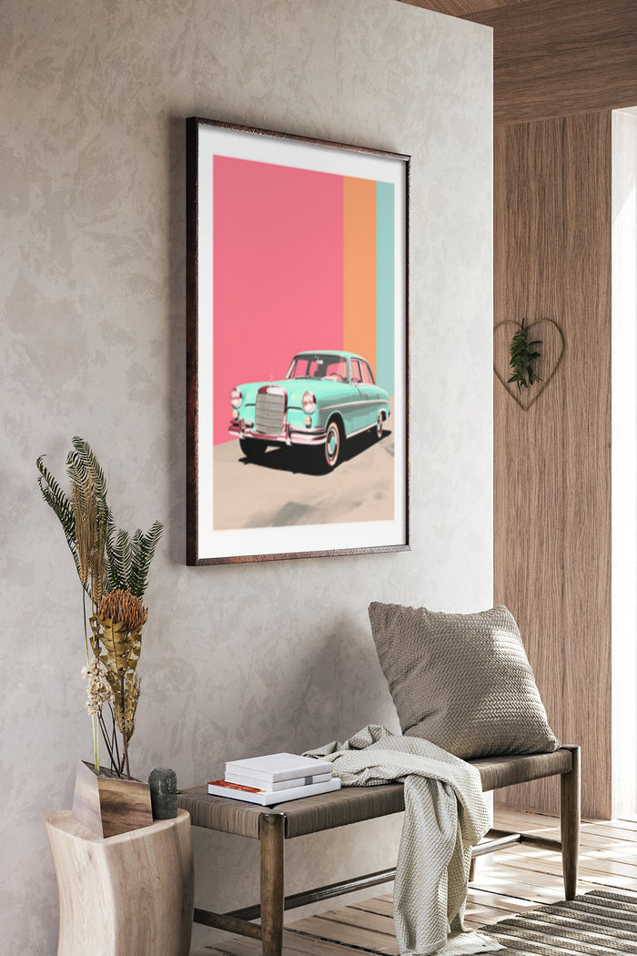 Vintage mint green car on a pink and teal background poster in home interior