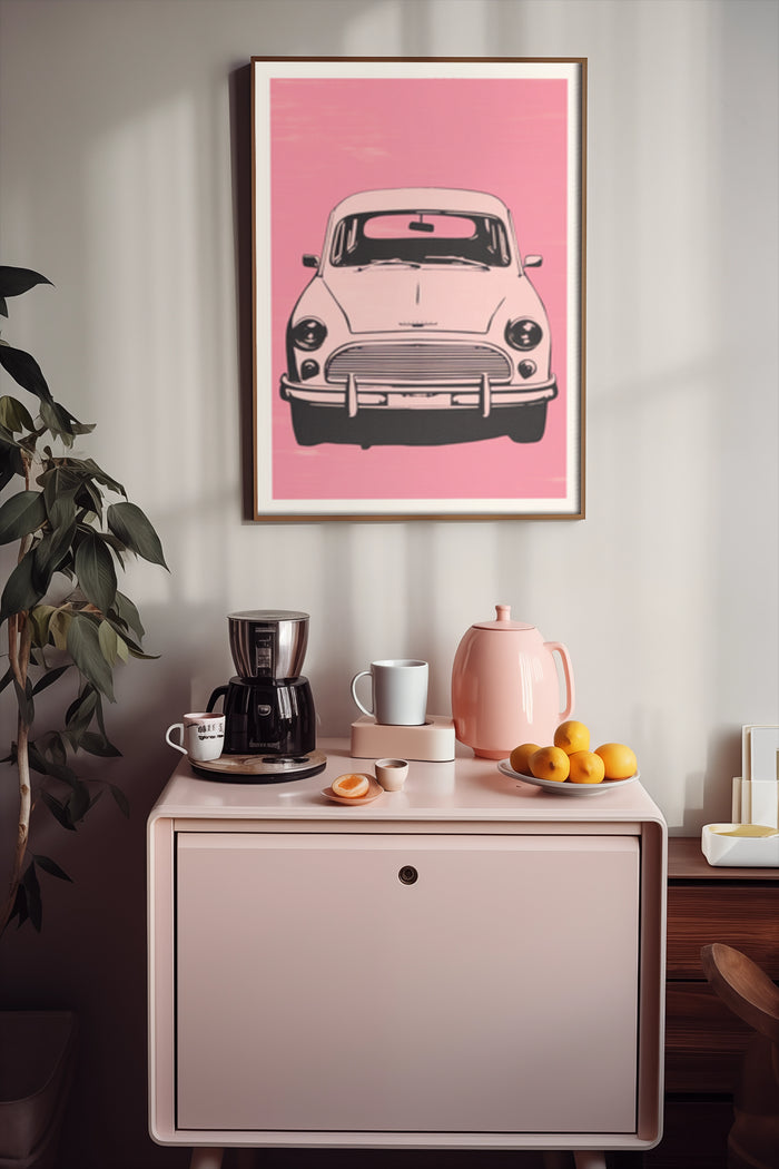 Retro style pink poster featuring vintage car hanging above a modern kitchen sideboard