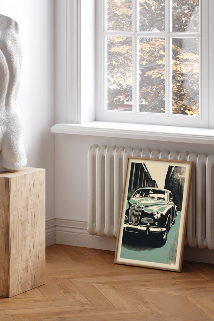 Vintage style poster of a classic car leaning against a wood sculpture near a window