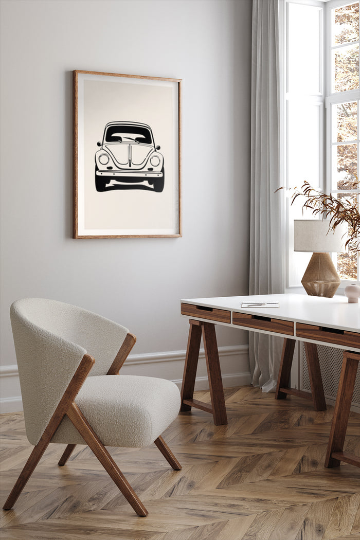 Vintage Car Poster Art in a Modern Minimalist Home Office Interior