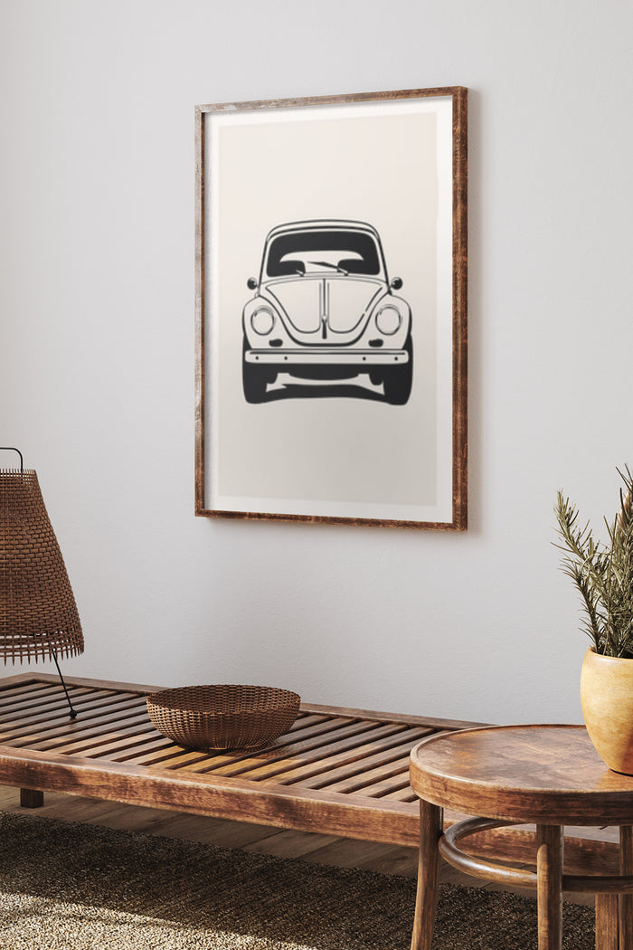 Vintage Black and White Car Poster in Modern Interior Setting
