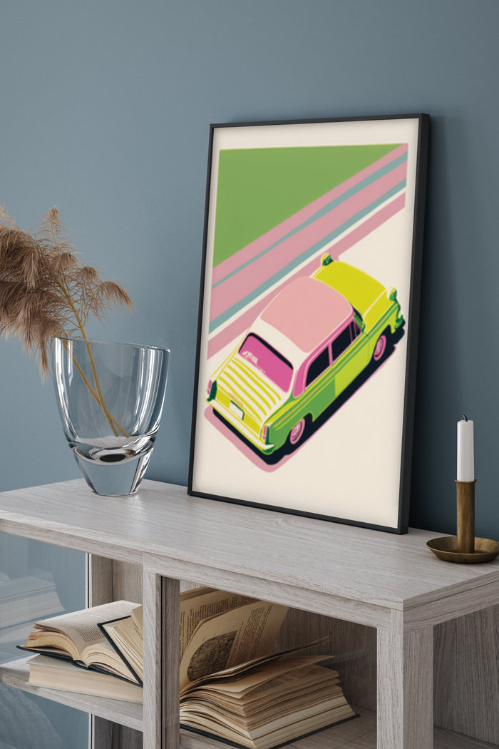 Vintage style poster featuring a colorful illustrated car on a striped background displayed in a modern room