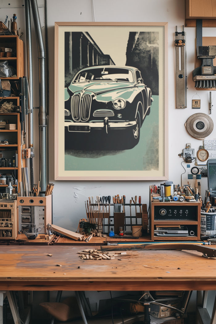 Vintage classic car poster print displayed in a creative artist's workshop filled with tools and art supplies