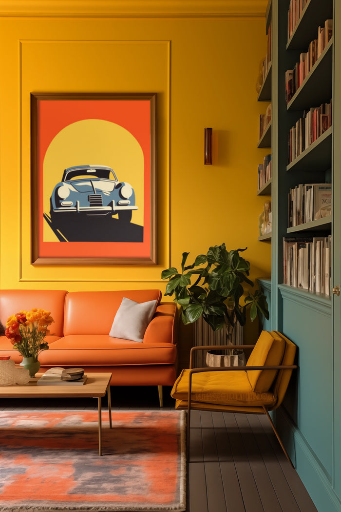 Colorful vintage car poster framed in a stylish modern living room with yellow walls and orange sofa