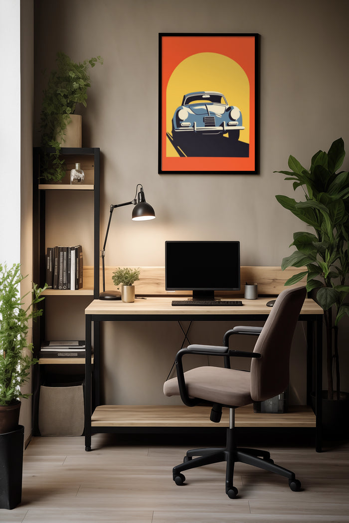 Retro styled poster of a classic car in a modern home office setup