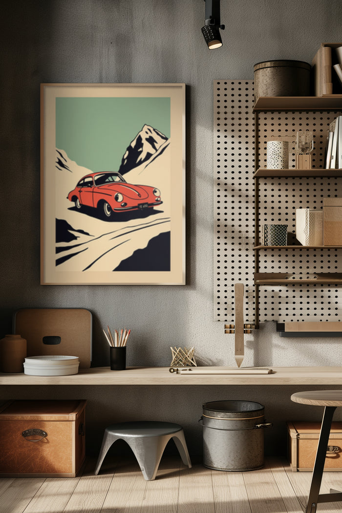 Vintage red car poster on wall in stylish contemporary office interior with shelving and desk accessories