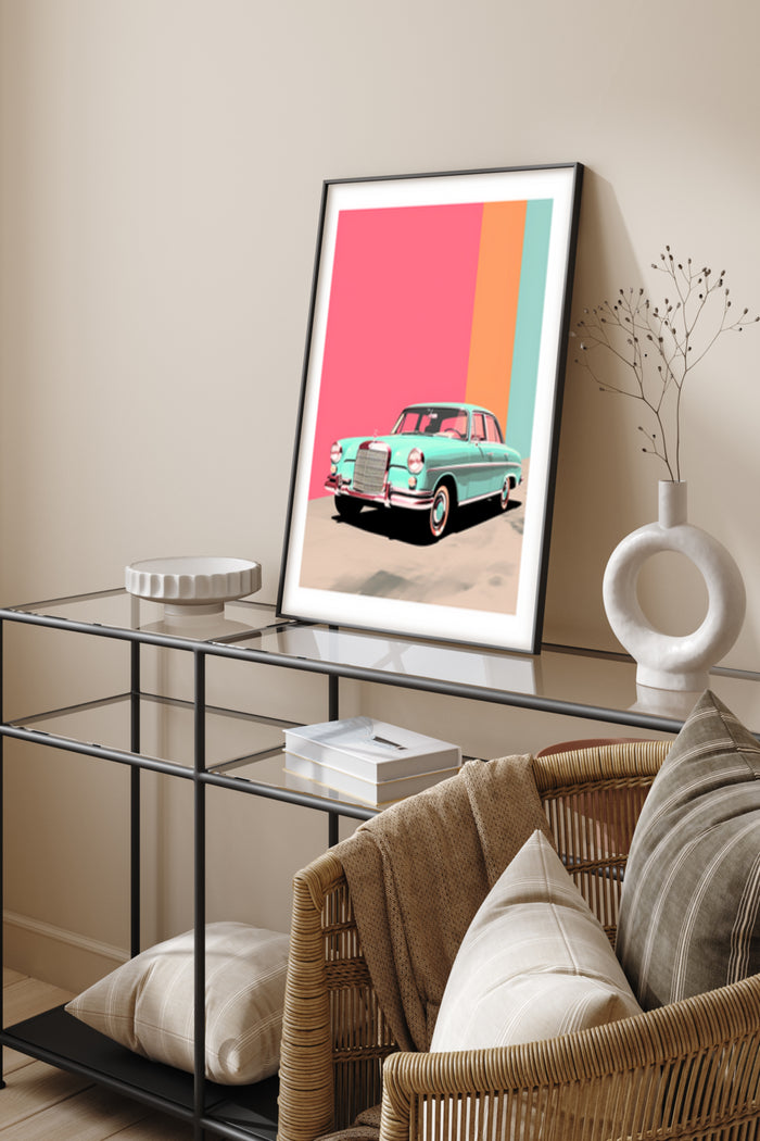 Vintage turquoise car on a vibrant pink and orange background poster in a stylish interior setting