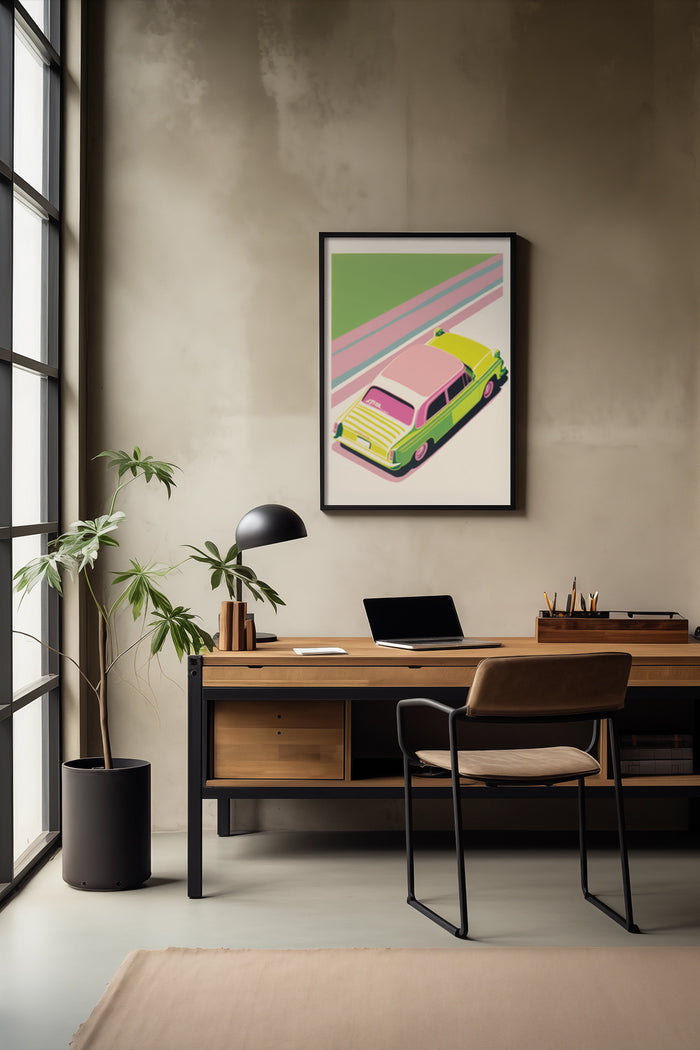 Vintage yellow and pink car poster framed on wall of stylish office with wooden desk and laptop
