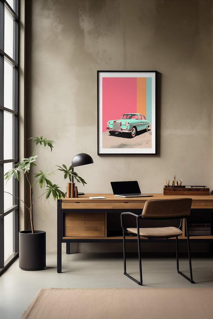Stylish vintage car poster with vibrant colors displayed in a contemporary office interior