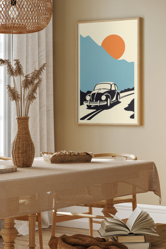 Vintage Car Poster with Mountain Landscape and Sunset Hanging on Wall