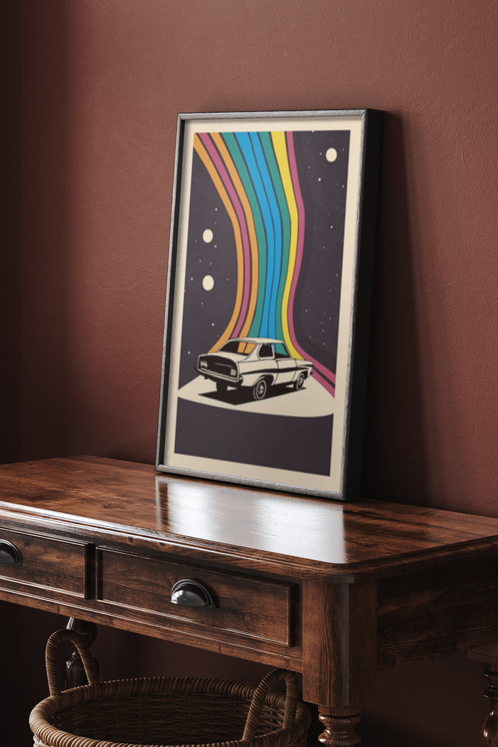 Vintage car with colorful rainbow trails poster framed and displayed on wooden furniture