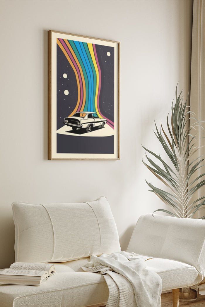Retro style poster with a vintage car and colorful rainbow trails on a space background, framed on a wall
