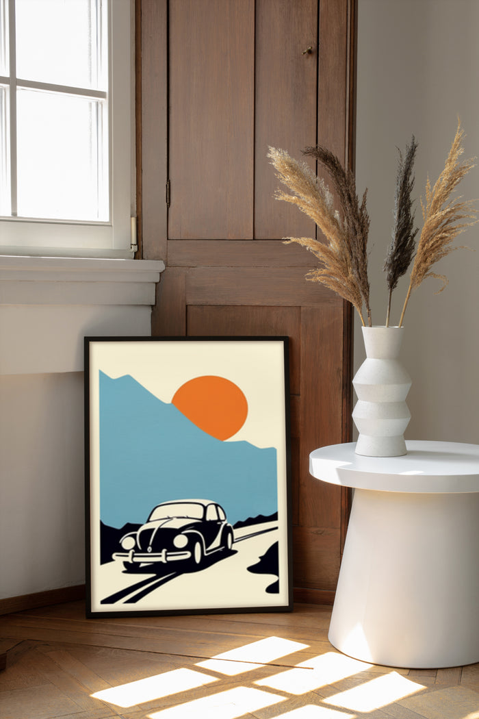 Vintage Car Retro Poster Art in Stylish Interior Design with Sun and Mountain Silhouette