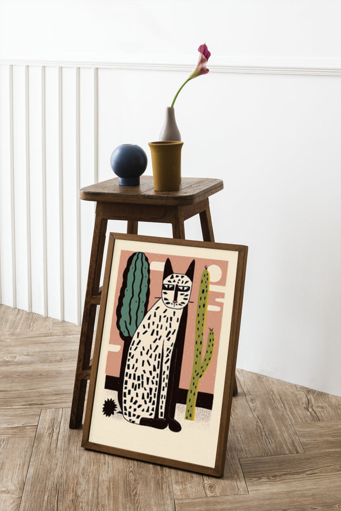 Vintage style illustration poster of a cat with cacti in a modern home decor setting