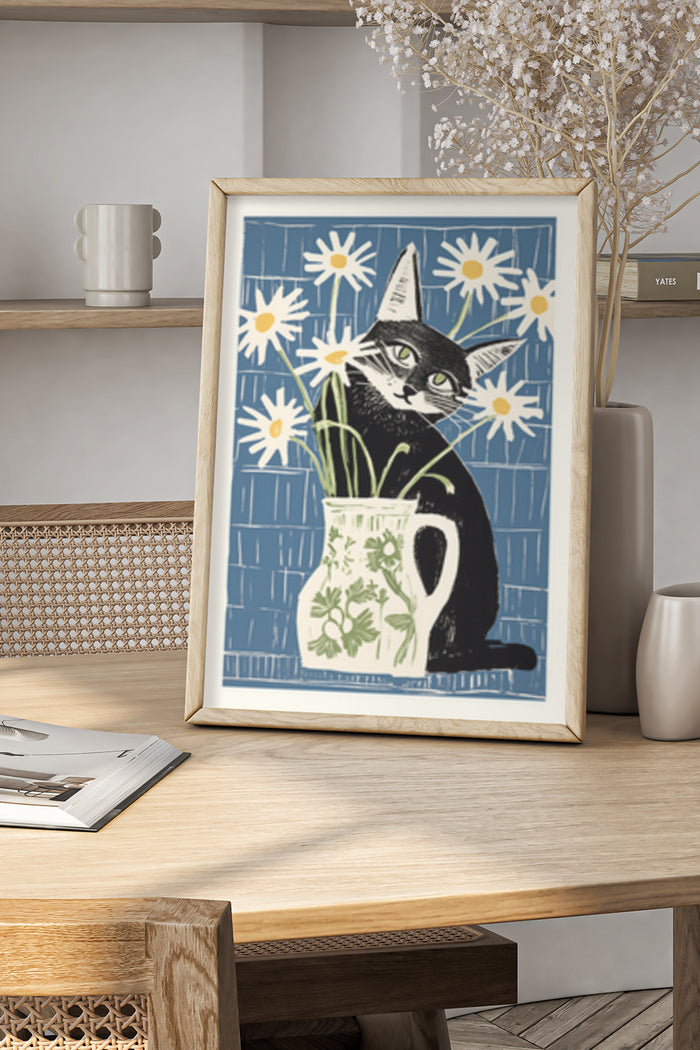 Vintage style poster of a black and white cat with daisies in a vase