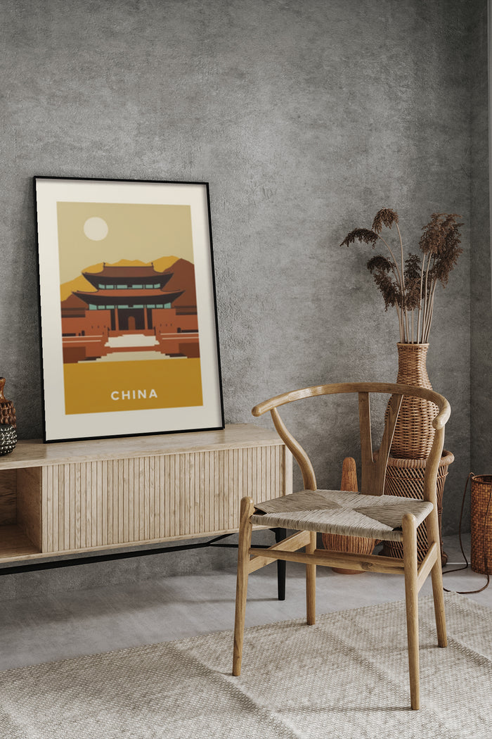 Vintage style travel poster of China displayed in a contemporary room setting