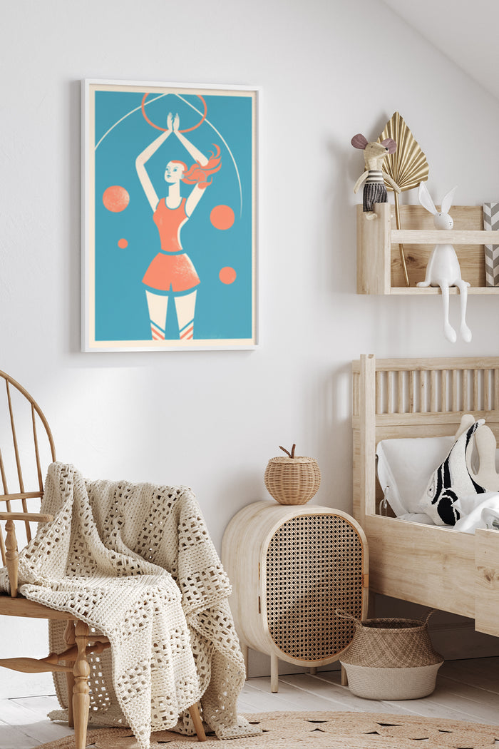 Vintage circus-inspired poster artwork featuring a woman juggling balls in a stylish room setting