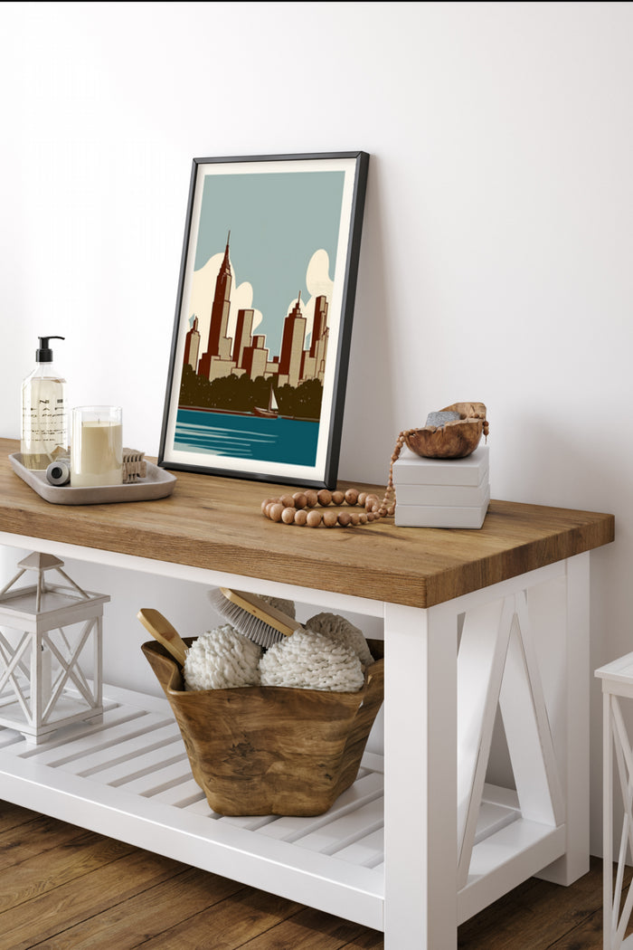 Vintage styled cityscape artwork poster in a modern interior setting