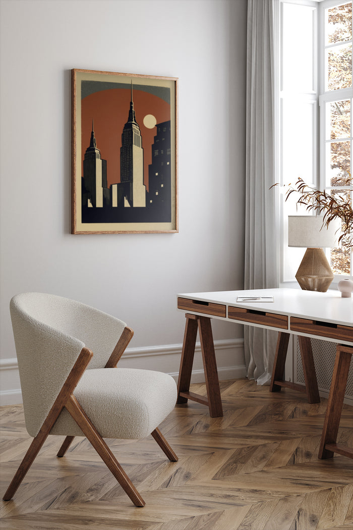Vintage cityscape poster of iconic buildings with art deco style framed on modern home office wall