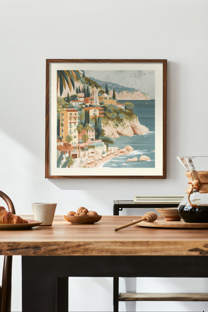 Vintage coastal town travel poster framed on wall in a stylish interior setting