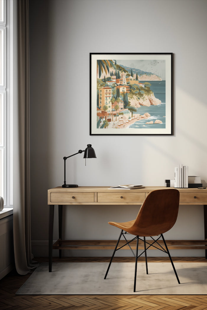 Vintage coastal town illustration poster in a modern office setting