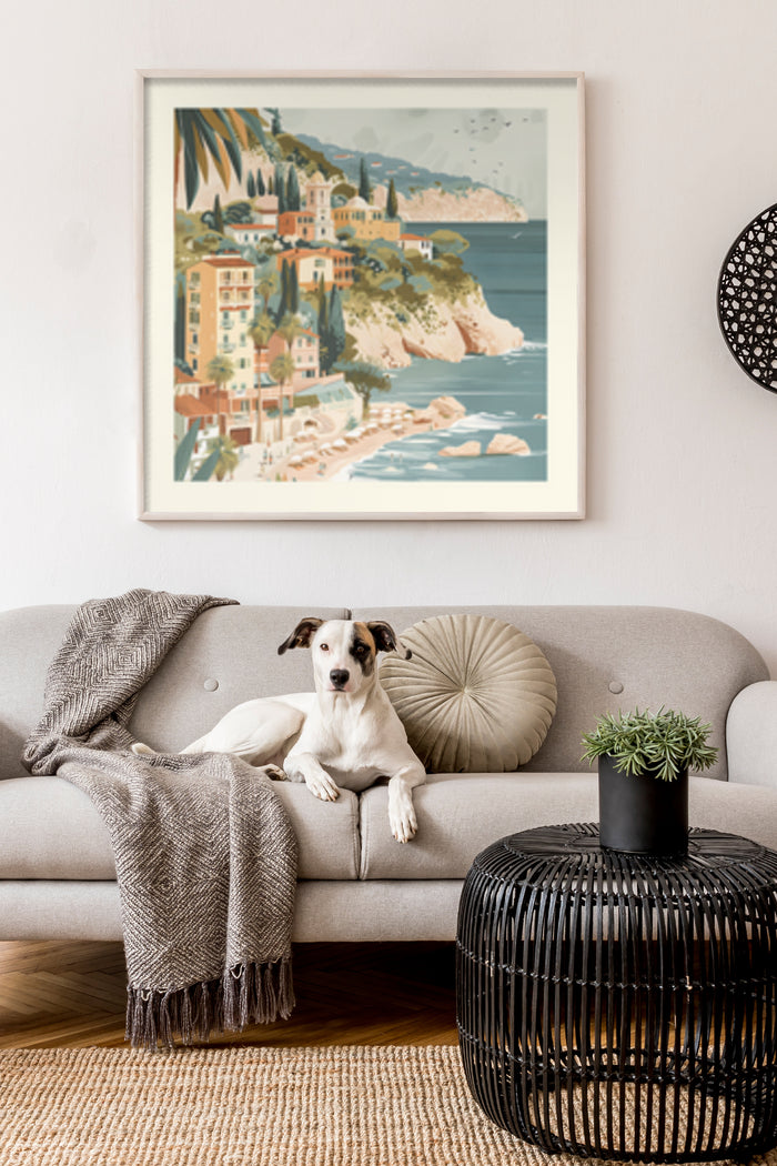 Vintage coastal town travel poster in modern living room decor with dog on sofa