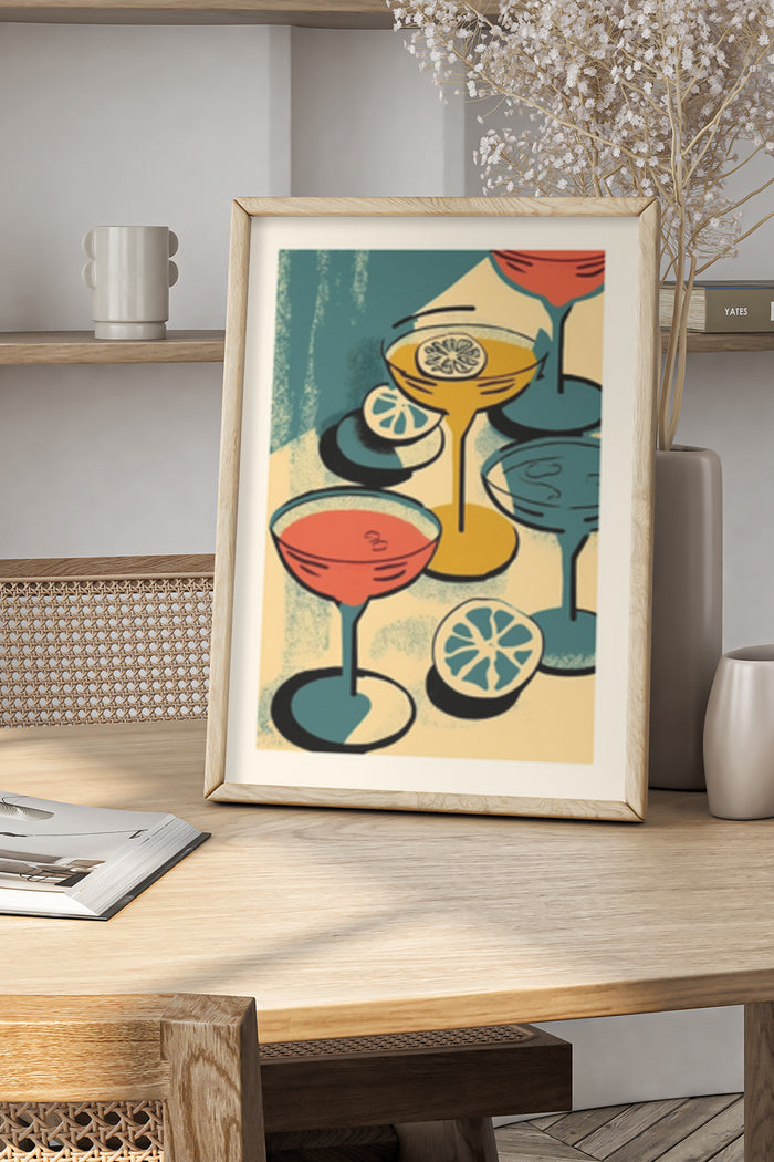 Vintage cocktail artwork poster with colorful glasses and citrus fruit framed in a contemporary room setting