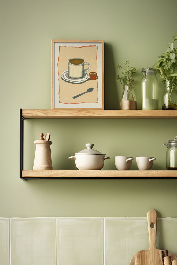 Vintage coffee cup art poster in modern kitchen setting