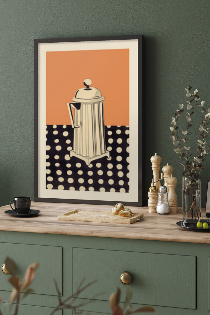 Vintage coffee percolator poster in modern kitchen setting as wall decor