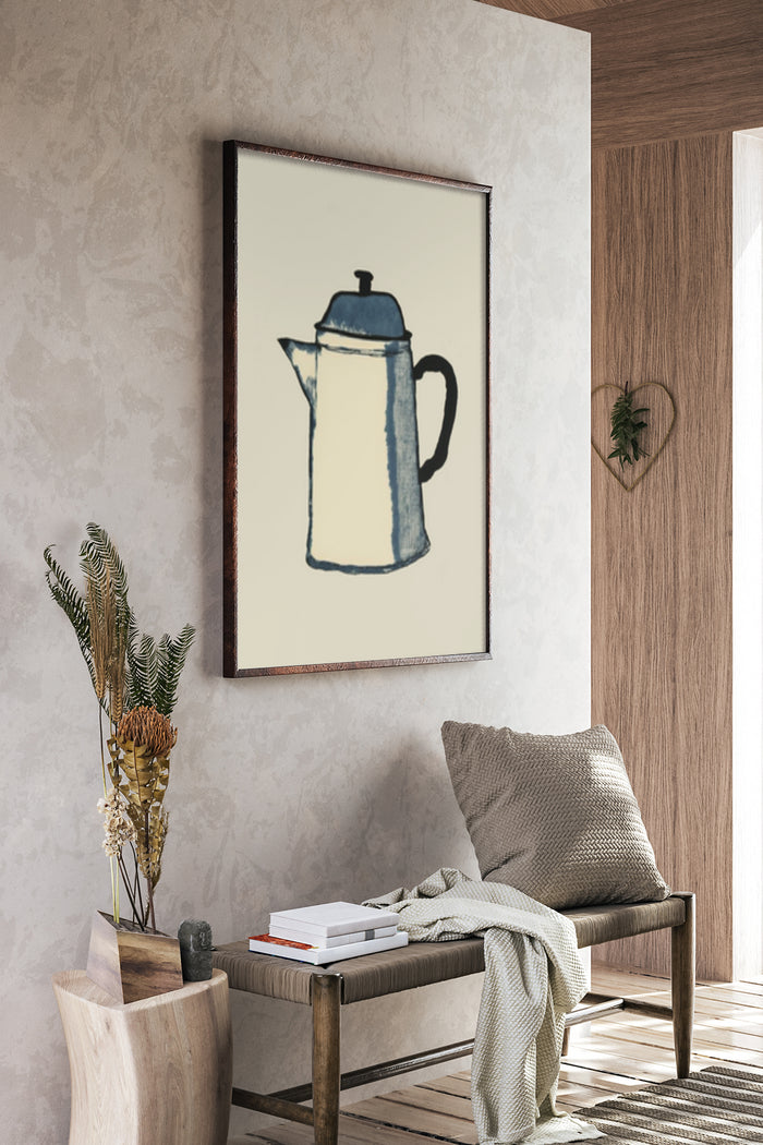 Vintage Coffee Pot Art Poster Displayed in a Modern Living Room Interior
