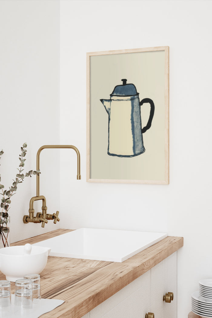 Vintage-style coffee pot poster hanging in modern kitchen interior