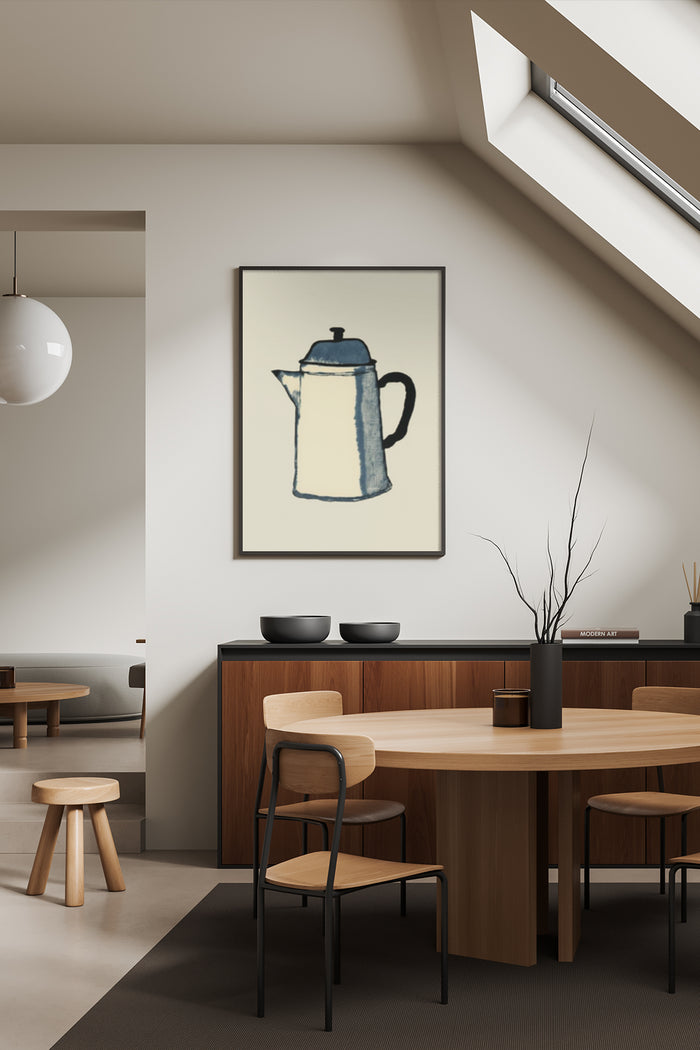 Minimalist vintage coffee pot poster in modern dining room interior