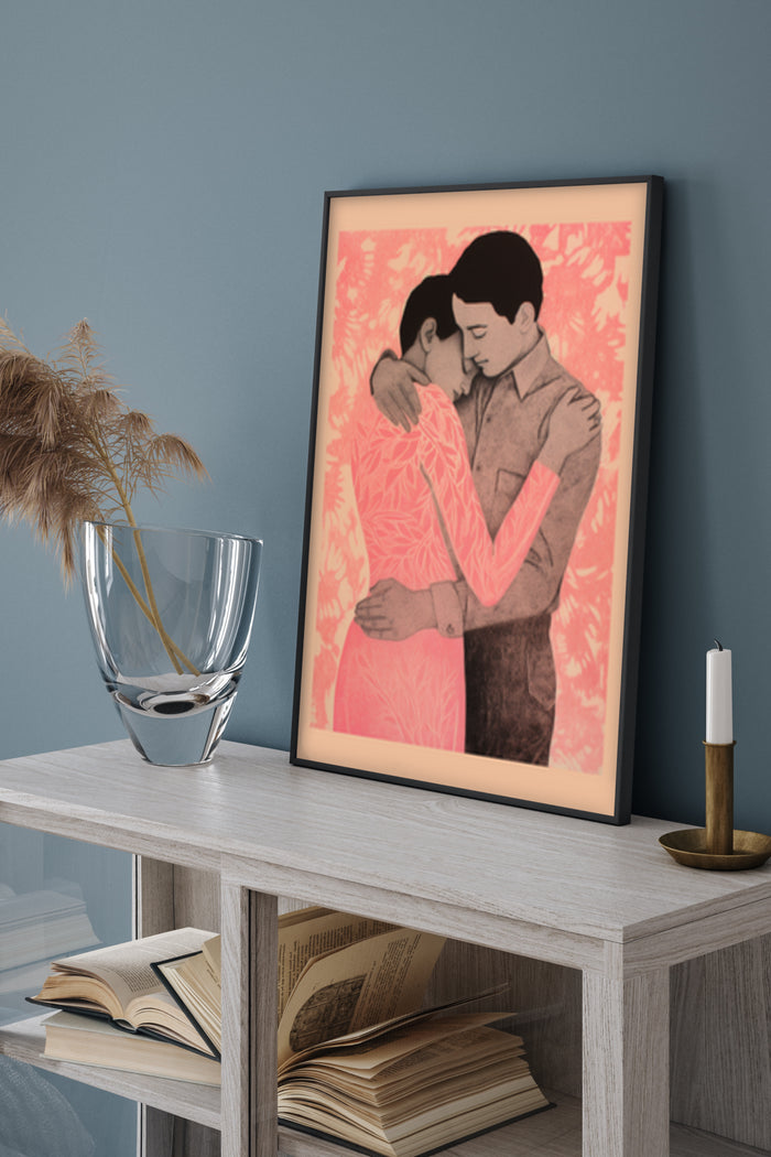 Vintage-style-poster-of-a-couple-embracing-with-pink-and-orange-leaf-background
