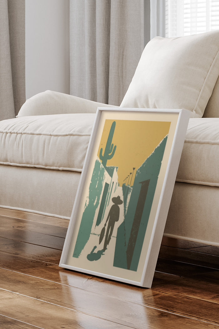 Retro style poster art featuring a cowboy silhouette with cactus in a desert landscape