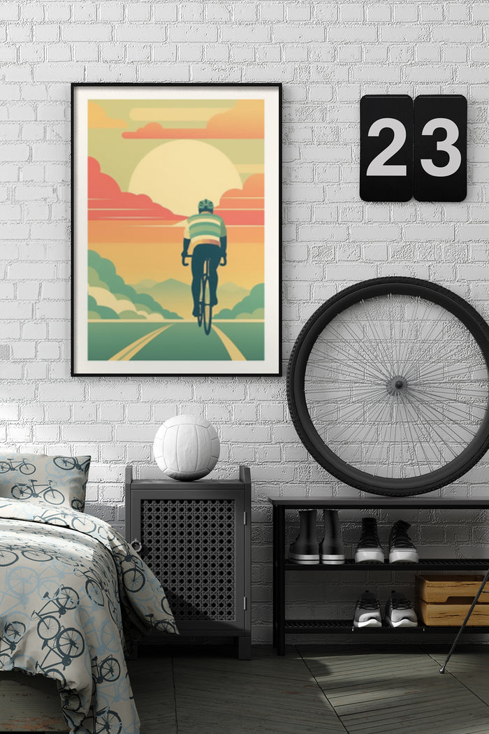 Vintage style poster of a cyclist at sunset on bedroom wall