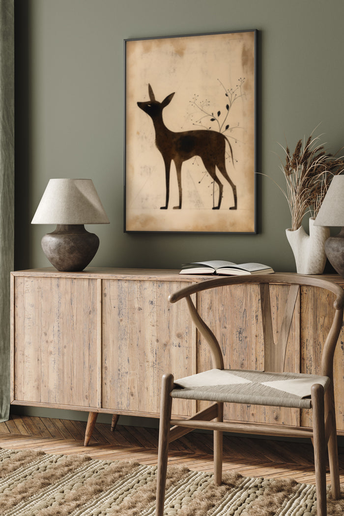 Vintage-inspired deer poster artwork displayed in a contemporary living room setting