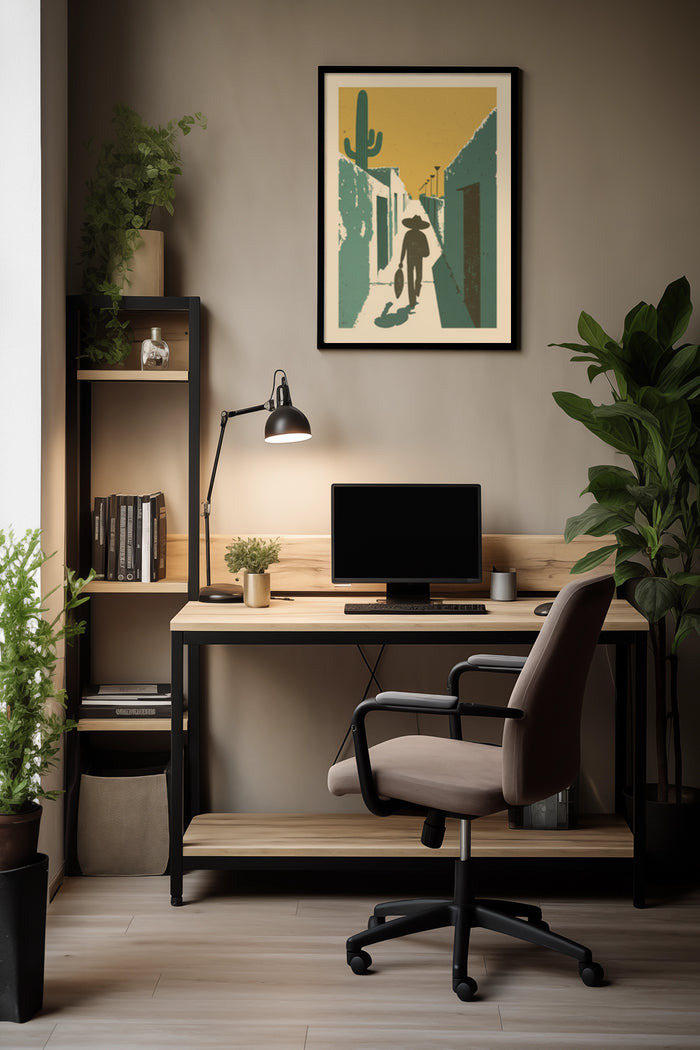 Vintage desert scene poster in a modern home office with computer and plants