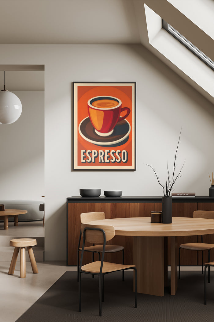 Vintage style espresso coffee poster artwork in a stylish modern cafe interior